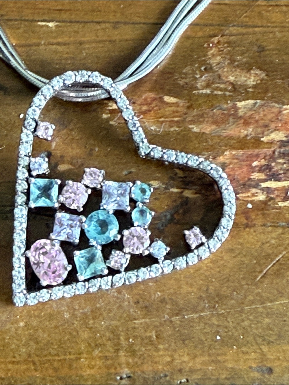 VINTAGE USSR 960 Silver Heart Pendant Necklace Pink, Blue Sapphire Cluster 16.9